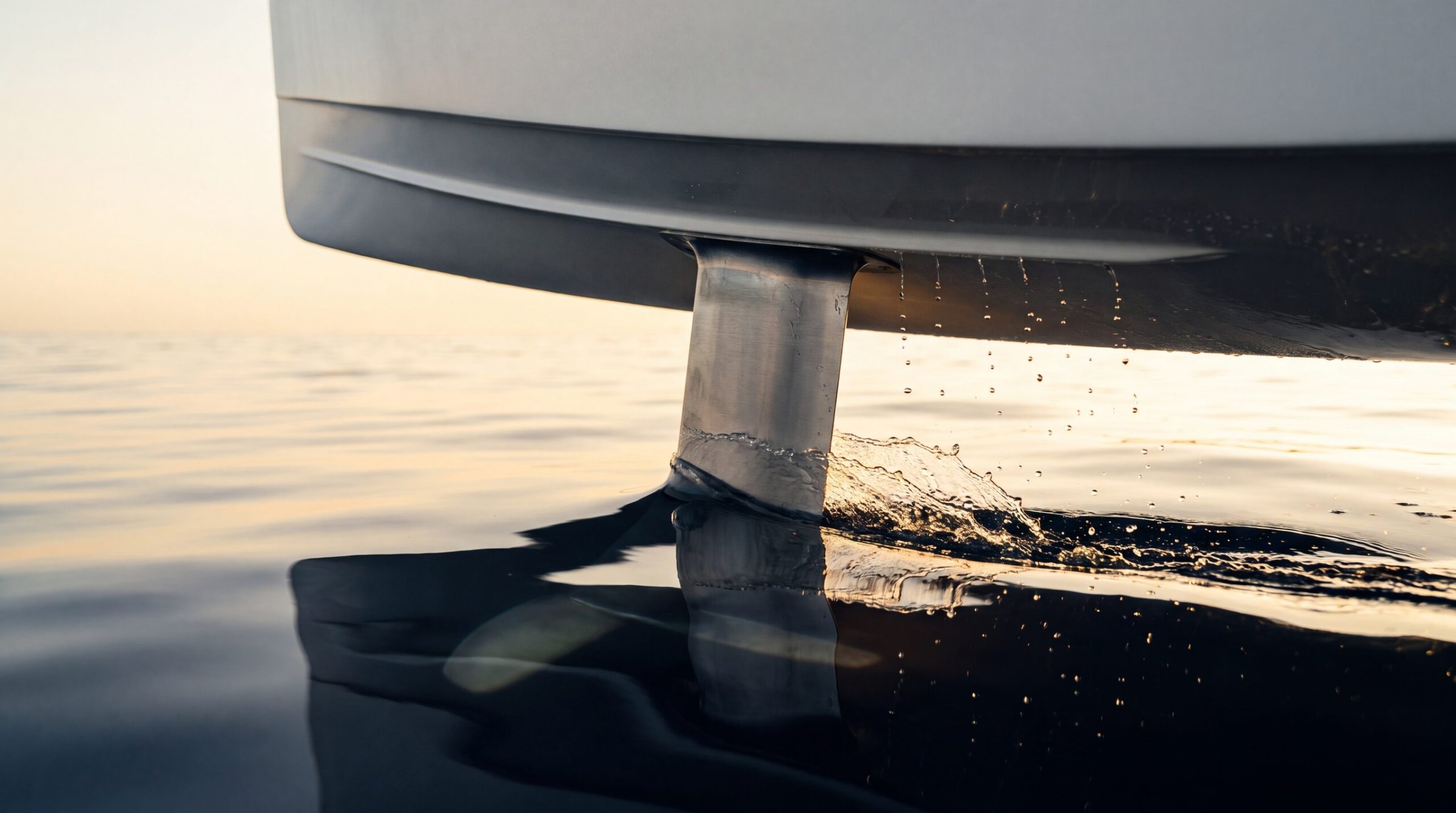 Close view of a foil strut cutting the water