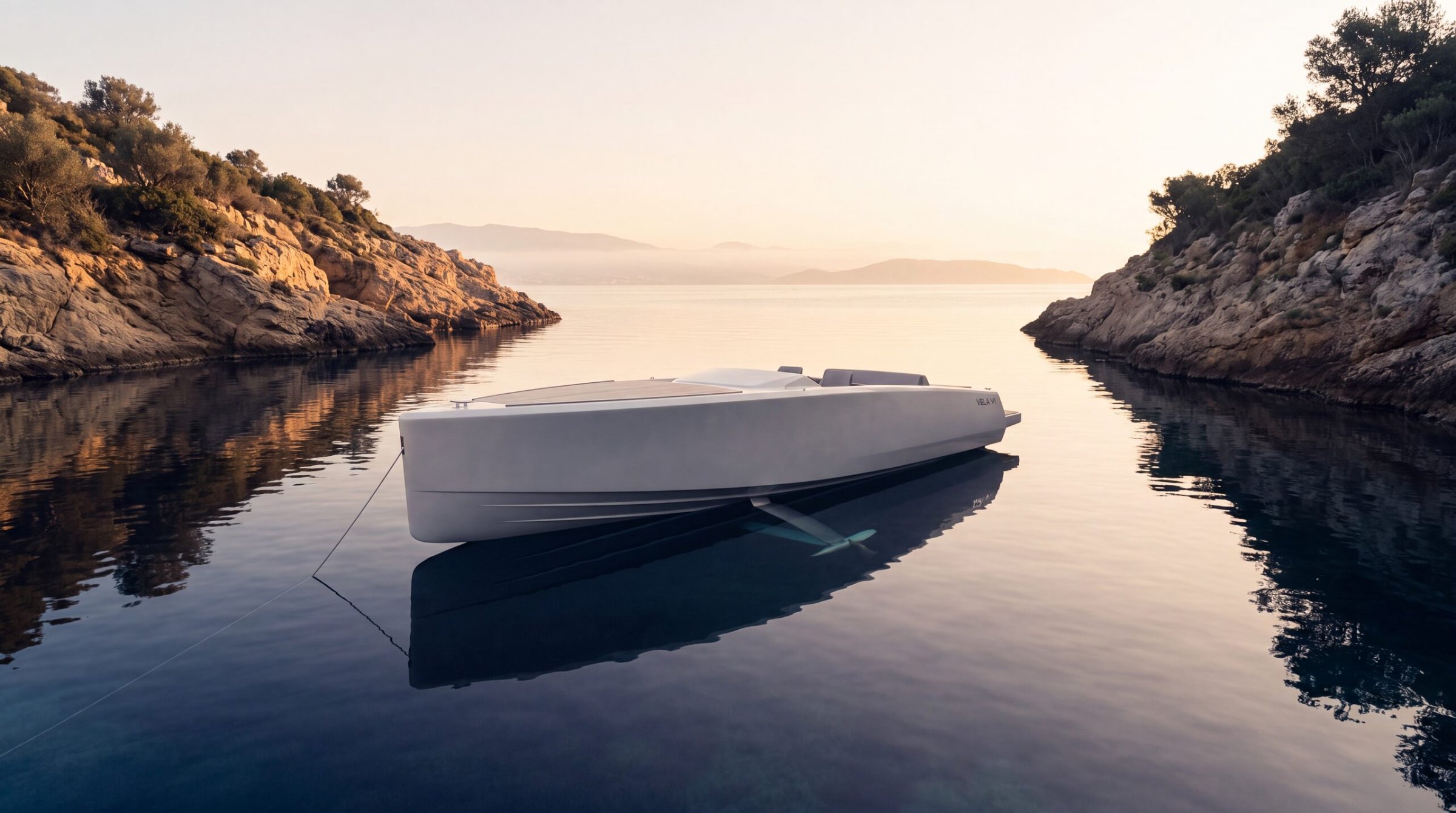 VELA V1 at anchor in a quiet cove at dawn