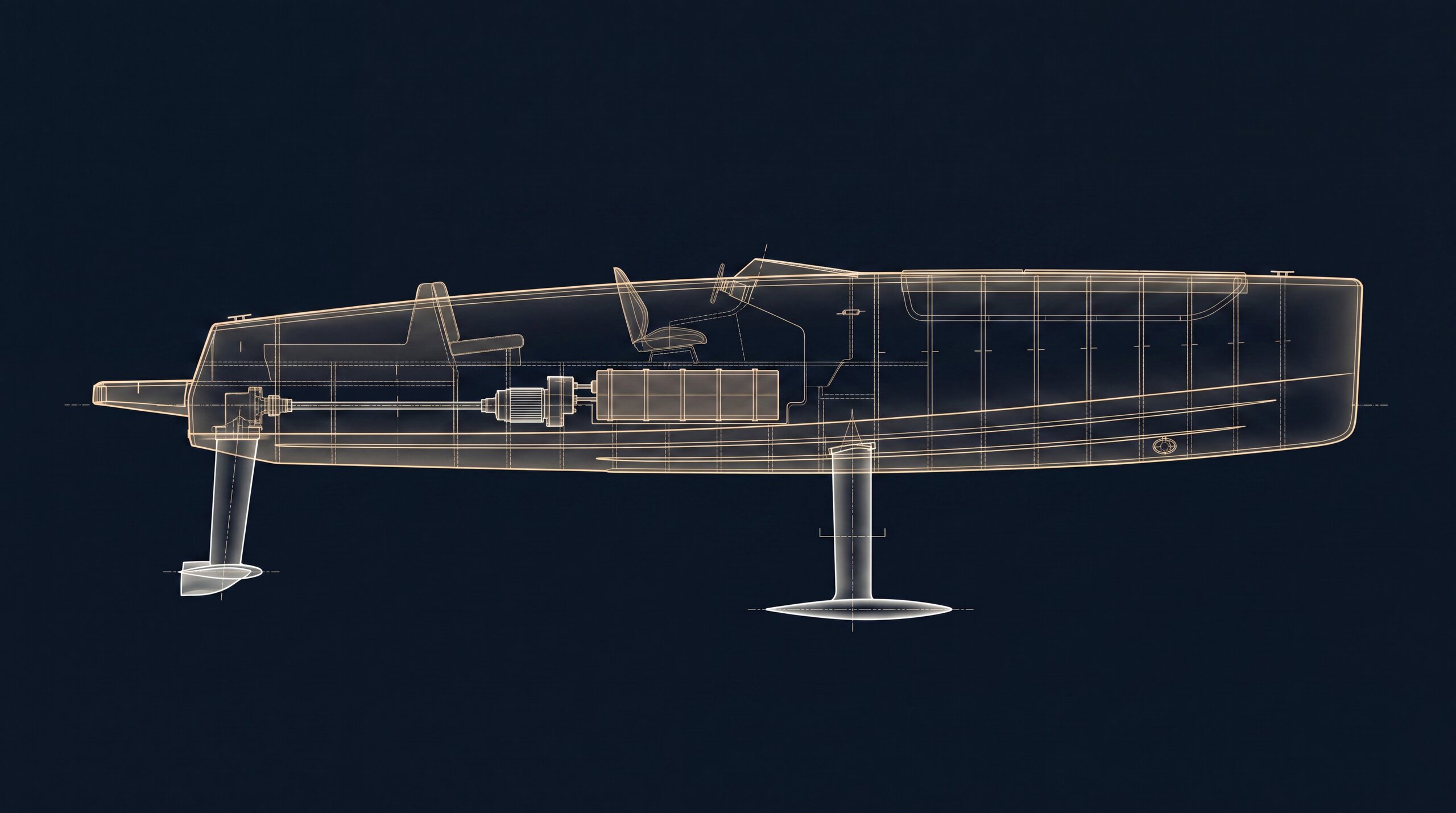 Technical blueprint of the VELA V1 hull, electric drive, battery and titanium foils