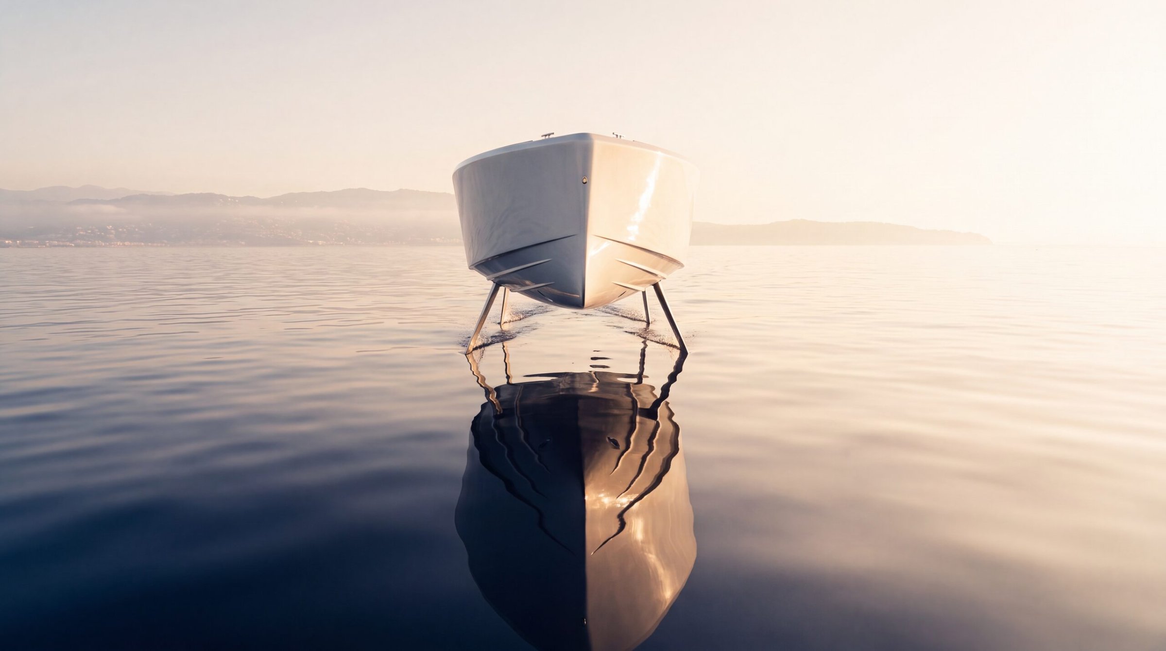 The surface behind VELA V1 stays flat and glassy, with no wake